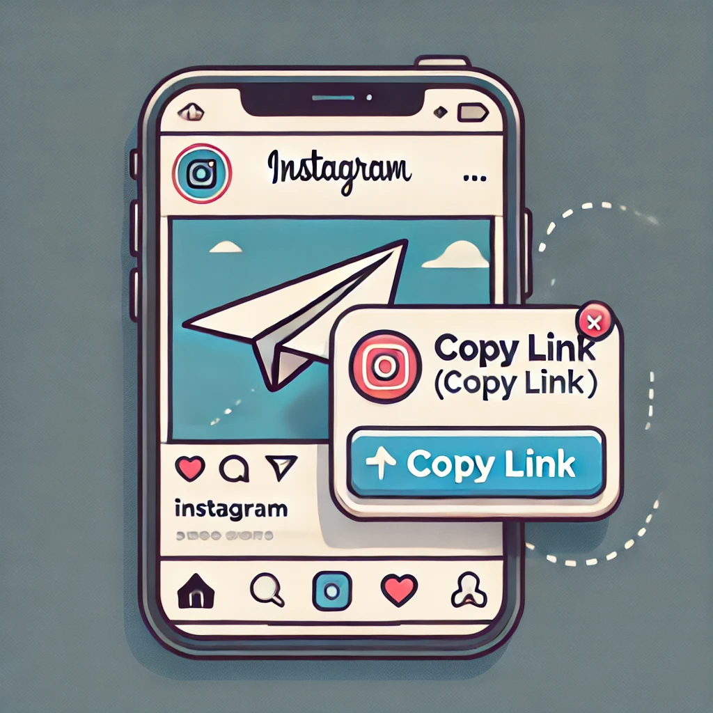 A screenshot-style illustration showing how to copy a link from an Instagram post. The image should resemble an Instagram interface, displaying a post